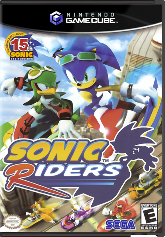 Sonic Riders cover art for GameCube (GC) game featuring high-speed hoverboard racing and arcade-style competition