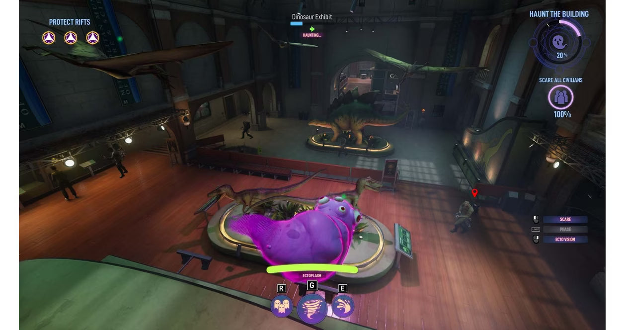 Ghostbusters: Spirits Unleashed for PlayStation 4 (PS4) at Gamers INC, featuring fun asymmetrical multiplayer where teams of Ghostbusters hunt a player-controlled ghost, with customizable gear, classic Ghostbusters humor, and spooky haunted locations to capture or escape from the paranormal chaos gameplay screenshot