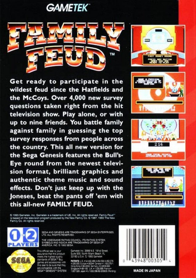 Family Feud back cover art for Sega Genesis (GEN) video game