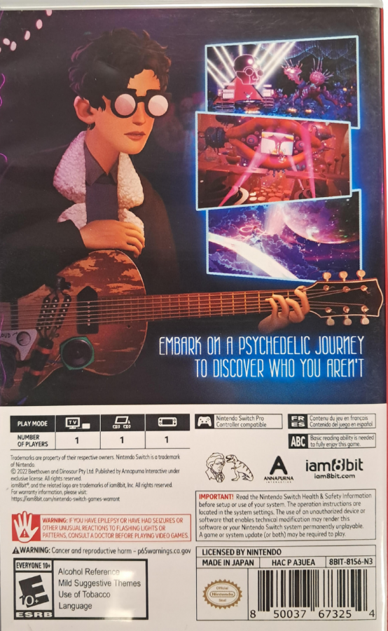 The Artful Escape Nintendo Switch inspired design featuring psychedelic musical adventure aesthetic cosmic guitar performances vibrant interstellar worlds imaginative self discovery journey dazzling visual style narrative driven exploration and artistic storytelling presentation back cover 