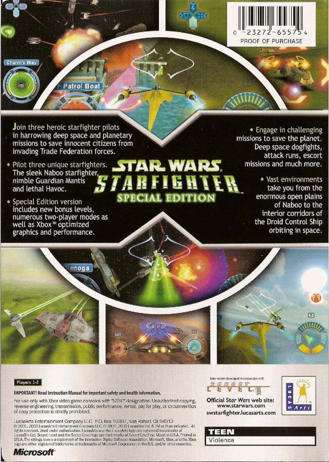 Star Wars Starfighter Special Edition Platinum Hits Xbox video game, space combat flight action, sci-fi adventure, classic Star Wars console title back cover