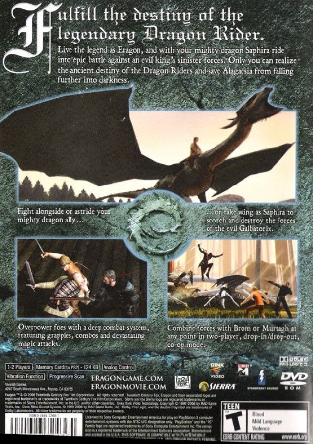 Eragon back cover art for PlayStation 2 (PS2) video game.  