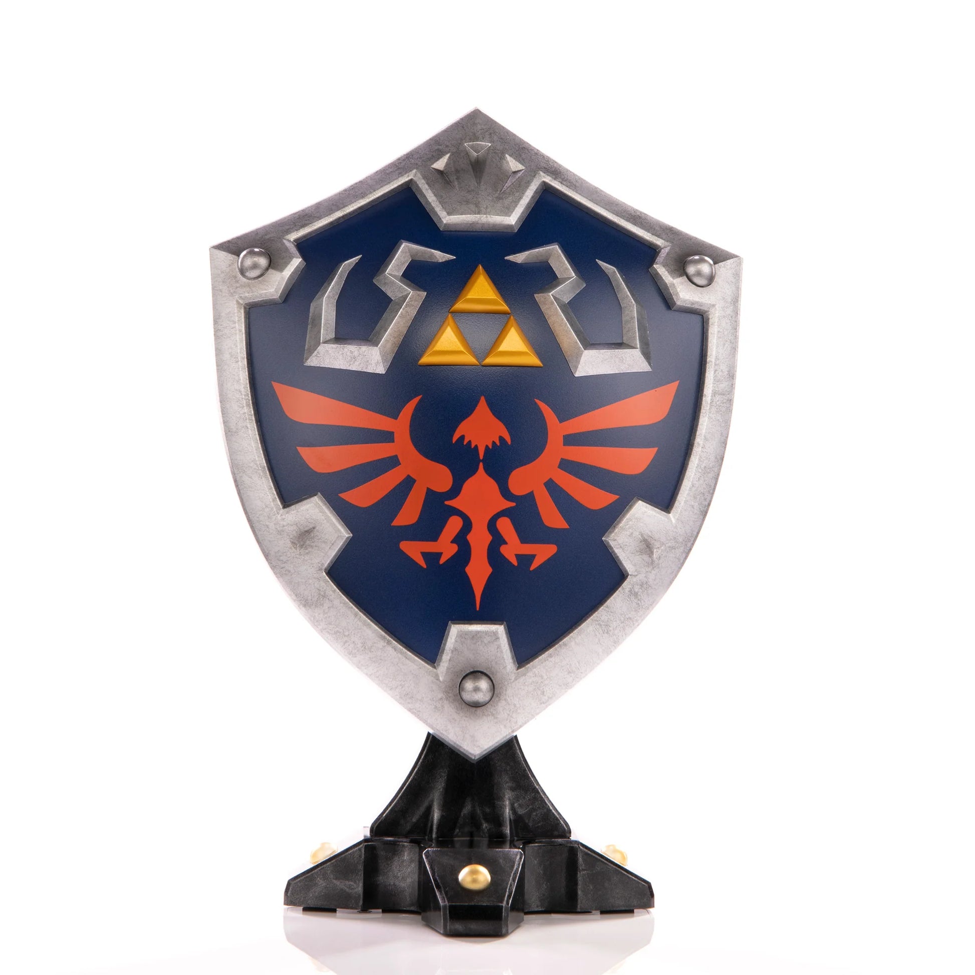 Hylian Shield 12 inch statue by First 4 Figures detailed Legend of Zelda collectible featuring iconic Hylian crest battle ready shield design and premium high quality display piece for fans of Nintendo fantasy adventure franchise