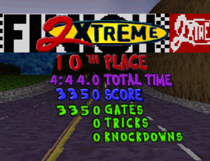 2Xtreme Greatest Hits PlayStation 1 PS1 video game, extreme sports racing, BMX, skateboarding, and rollerblading action, classic console title game over screen