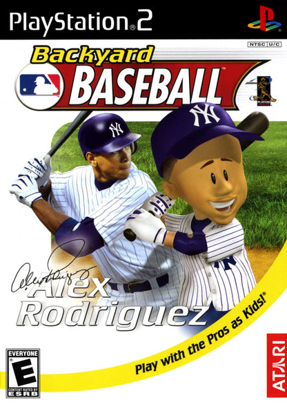 Backyard Baseball game for the PlayStation 2 featuring arcade style baseball gameplay with kid friendly characters real MLB players and fun backyard fields with accessible controls and multiplayer modes front cover