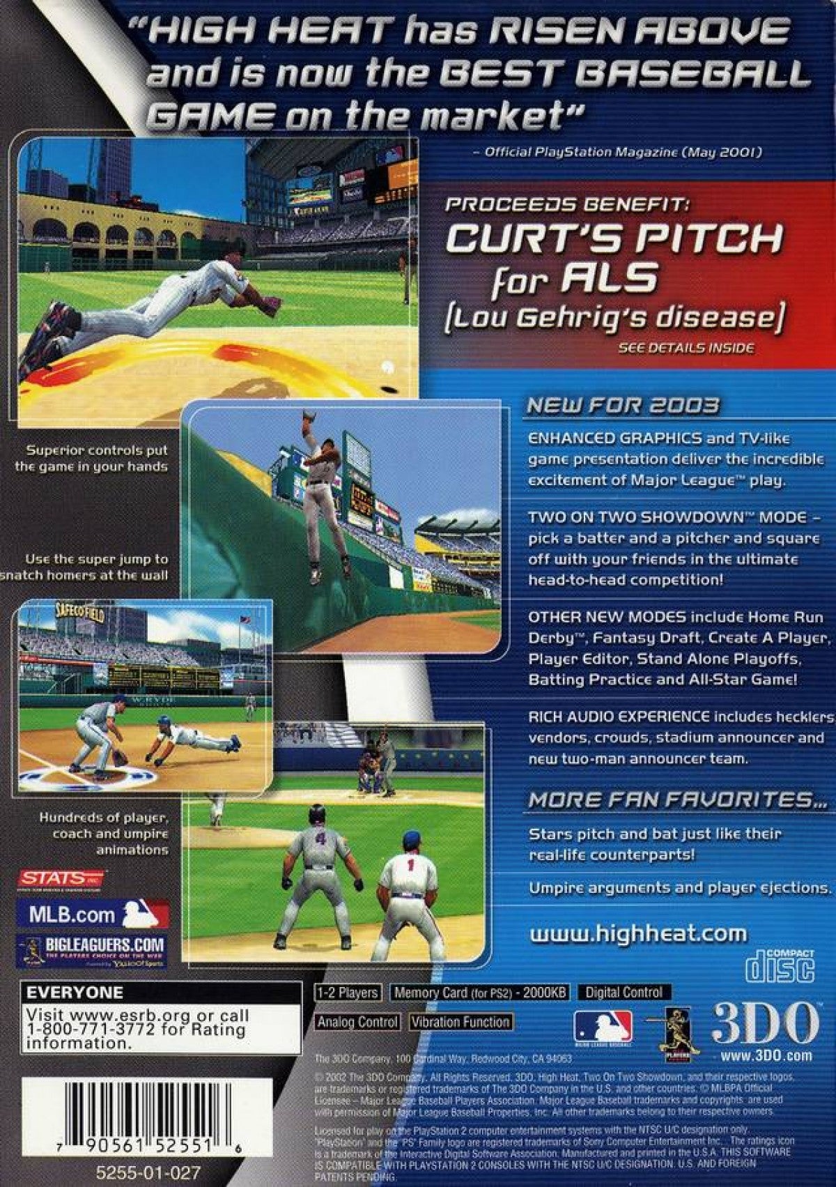 High Heat Baseball 2003 PS2 Sony PlayStation 2 baseball sports simulation game realistic pitching hitting mechanics MLB licensed teams season mode franchise gameplay deep baseball strategy gameplay 3DO sports title retro gaming PlayStation 2 software video game title back cover art