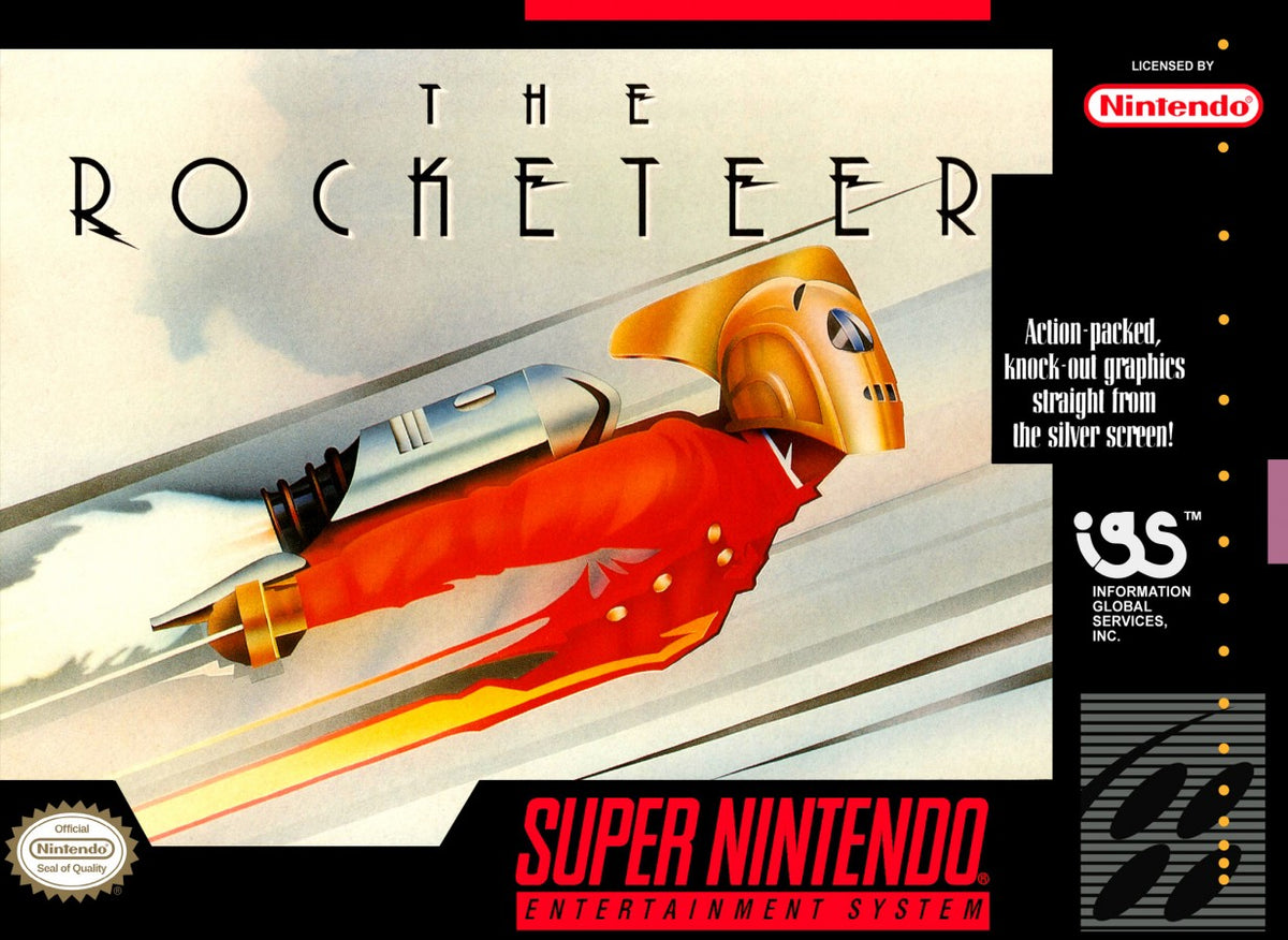 The Rocketeer Super Nintendo Entertainment System SNES retro video game action adventure featuring jetpack flight aerial combat enemy battles platforming gameplay classic 16 bit graphics based on The Rocketeer Super Nintendo gaming experience retro game collection appeal cover art