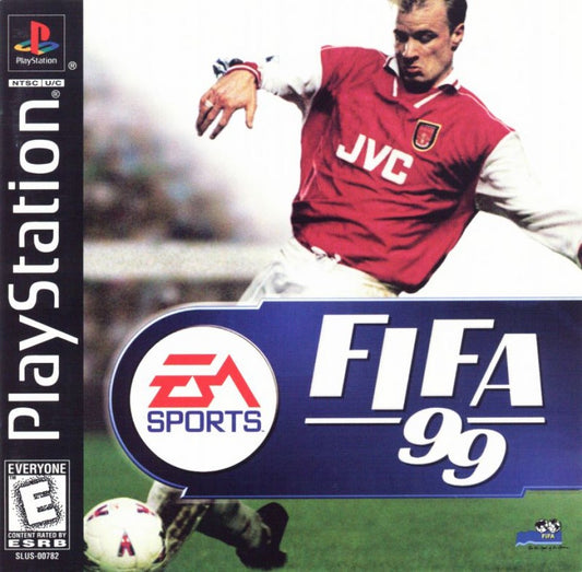 FIFA 99 for PlayStation 1 soccer sports video game featuring official international teams and leagues, realistic gameplay mechanics, tournament and season modes, and classic EA Sports football experience cover