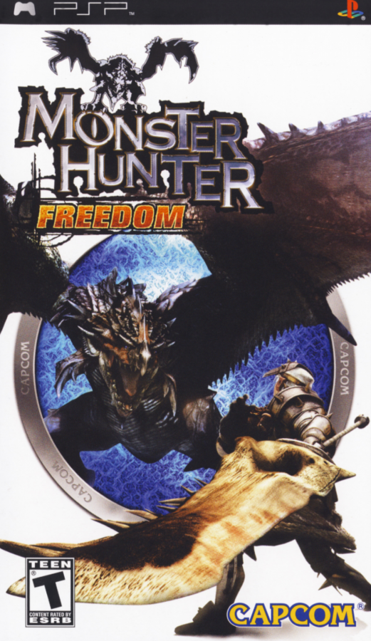 Monster Hunter Freedom PlayStation Portable PSP video game, action RPG, cooperative monster hunting, handheld console title front cover