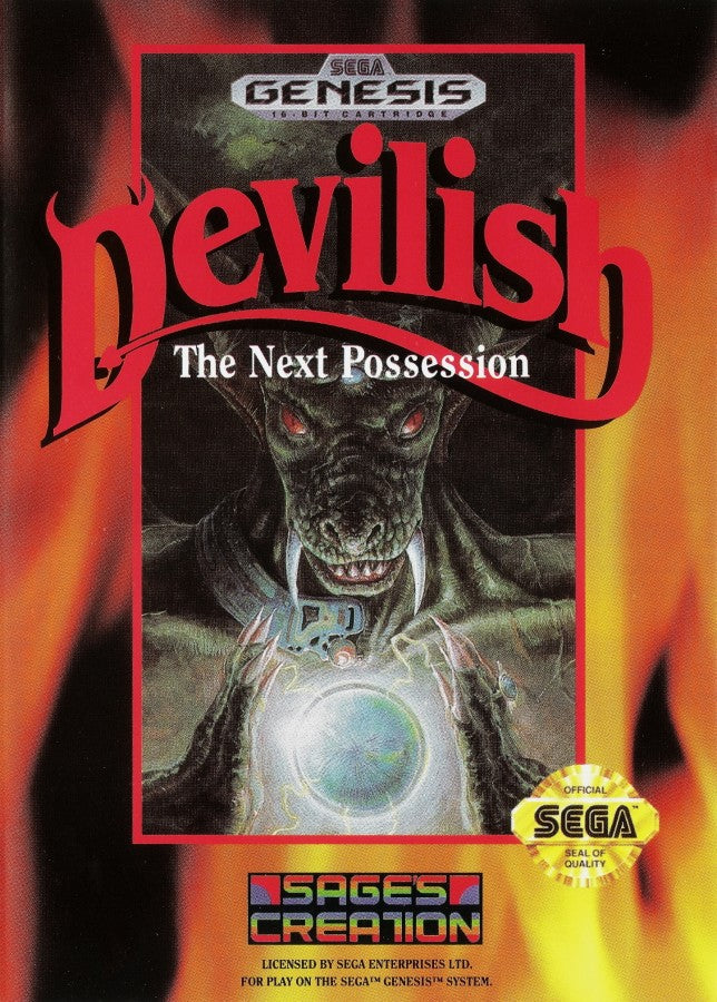 Devilish The Next Possession Sega Genesis GEN for retro video game enthusiasts featuring fantasy pinball action gameplay paddle based mechanics magical themed stages challenging bosses unique arcade style gameplay and collectible gaming appeal front cover