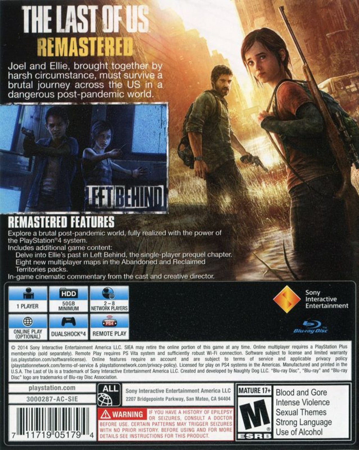 The Last of Us: Remastered – PlayStation 4 (PS4) video game back of case, action-adventure survival.