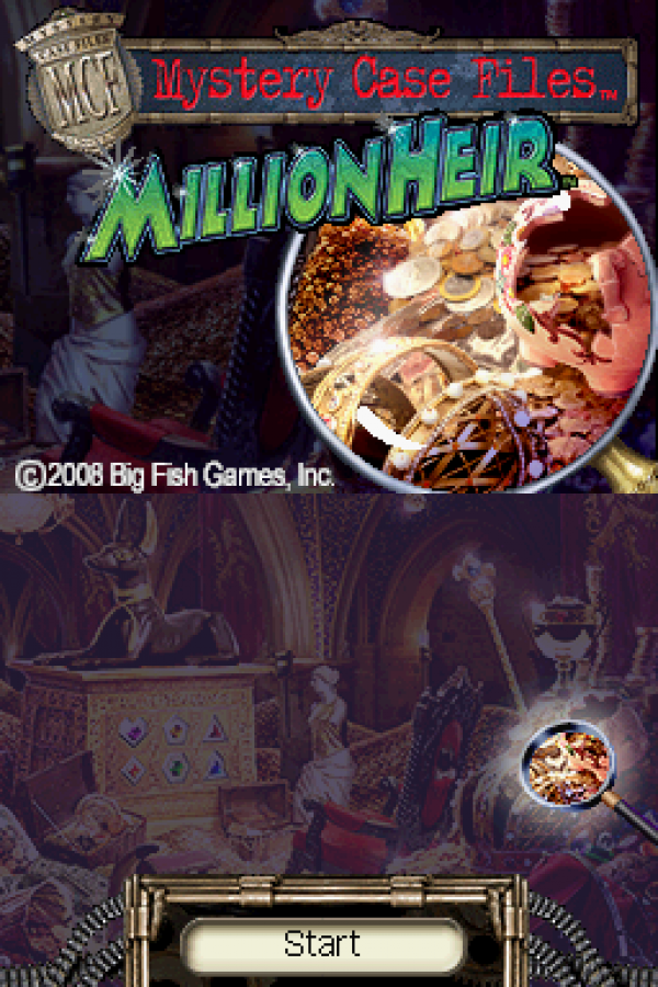 Mystery Case Files: MillionHeir start screen for Nintendo DS (DS) hidden object puzzle adventure video game