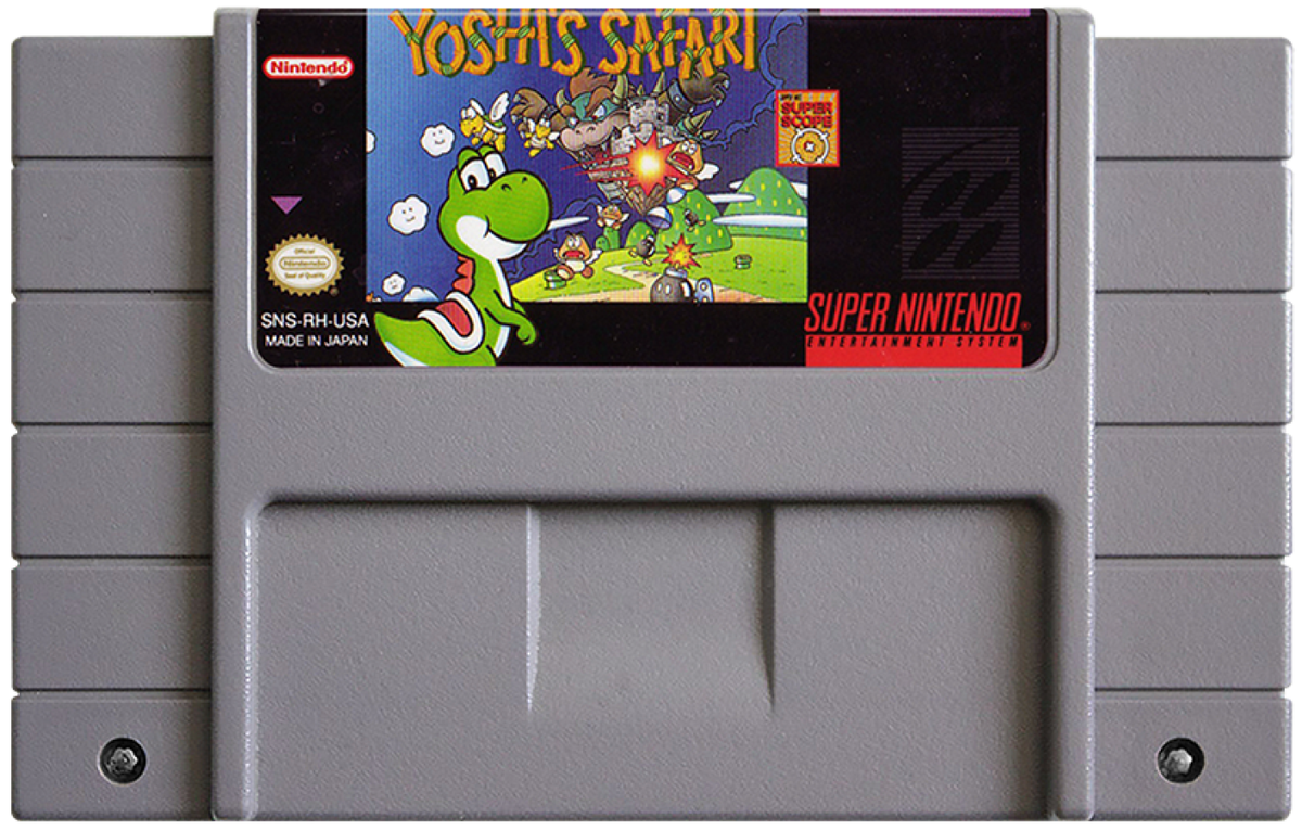 Yoshi's Safari Super Nintendo Entertainment System SNES video game featuring light gun shooting gameplay Yoshi riding adventure Bowser enemies Super Mario characters colorful levels action packed stages and classic 16 bit Nintendo gameplay retro video game collection collectible gaming appeal game cartridge