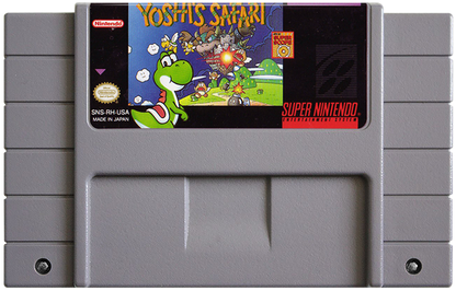 Yoshi's Safari Super Nintendo Entertainment System SNES video game featuring light gun shooting gameplay Yoshi riding adventure Bowser enemies Super Mario characters colorful levels action packed stages and classic 16 bit Nintendo gameplay retro video game collection collectible gaming appeal game cartridge