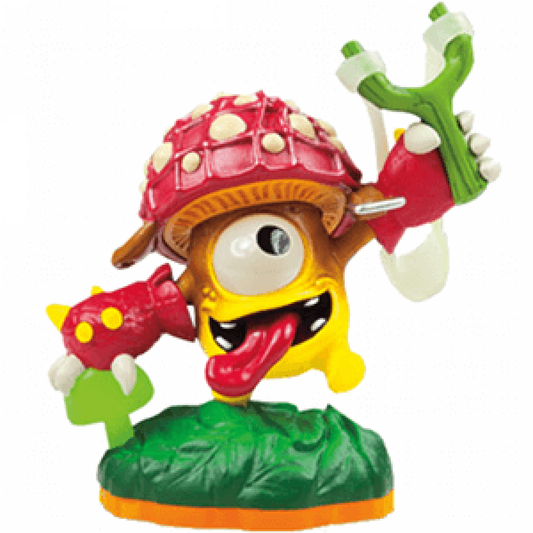 LightCore Shroomboom Skylanders Giants figure, plant element mushroom archer with glowing illuminated core, wooden body, red cap and bow weapon, aiming in battle stance, detailed collectible toy on portal base from Skylanders Giants series