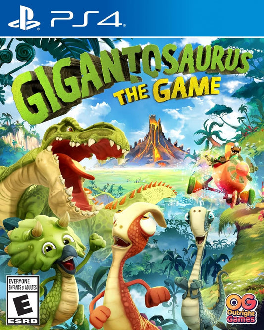 Gigantosaurus The Game PlayStation 4 PS4 family adventure video game dino buddies Rocky Tiny Mazu and Bill prehistoric world exploration solving puzzles kart racing saving Giganto from extinction cooperative multiplayer up to four players based on the Disney Junior animated series front cover