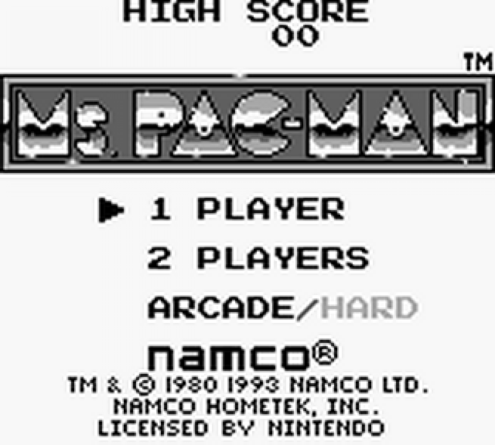 Ms. Pac-Man [Missing Manuals/Inserts] for Game Boy (GB) at Gamers INC, featuring the timeless arcade classic in a portable format with challenging mazes, four distinct ghosts, and the iconic power pellet-chomping gameplay you love, offering a pure retro experience for collectors and casual players despite the missing documentation gameplay screenshot main menu