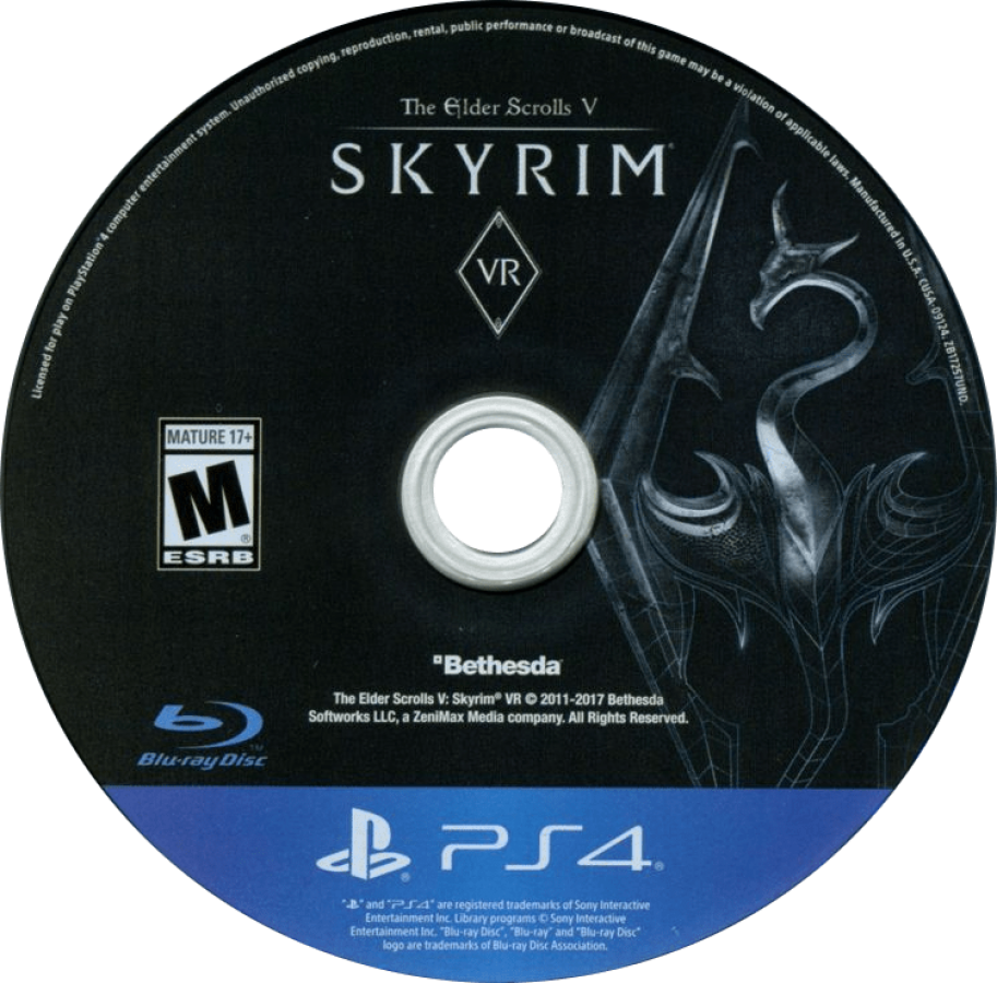 Elder Scrolls V Skyrim VR disc cover art for PlayStation 4 video game.