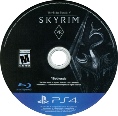 Elder Scrolls V Skyrim VR disc cover art for PlayStation 4 video game.