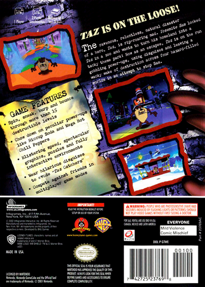Taz Wanted for GameCube featuring platforming action and cartoon style gameplay based on Looney Tunes back cover