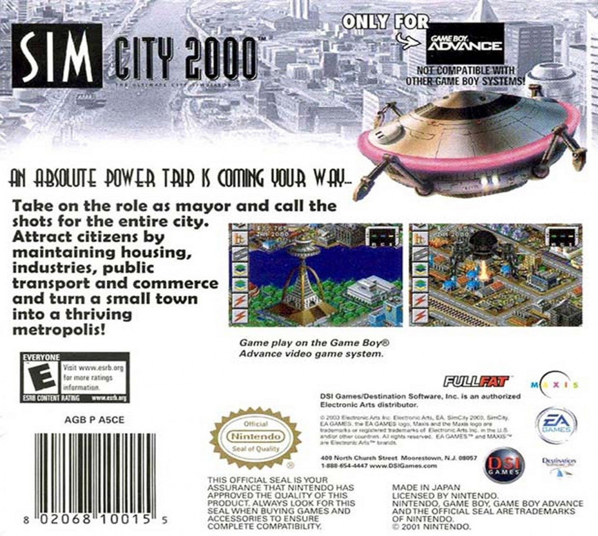 SimCity 2000 for Game Boy Advance with city-building simulation and strategic management gameplay back cover