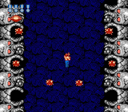 Super C cartridge for the Nintendo Entertainment System featuring fast paced 8 bit run and gun action with intense shooting gameplay as commandos battle alien forces across side scrolling and overhead stages gameplay