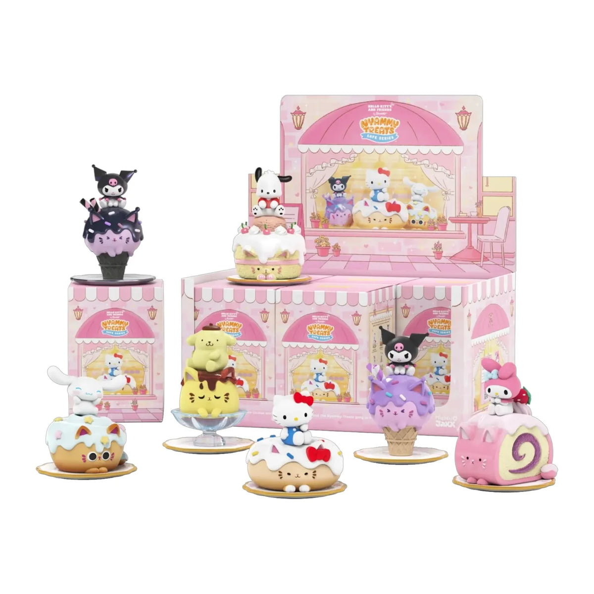 Nyammy Treats Sanrio Cafe Series Blind Box Sanrio collectible figure featuring cute cafe themed character designs adorable food inspired accessories pastel colors sweet dessert styling mystery surprise figure collectible toy kawaii character merchandise desk display shelf decor Sanrio fan collection and Japanese pop culture collectible appeal 