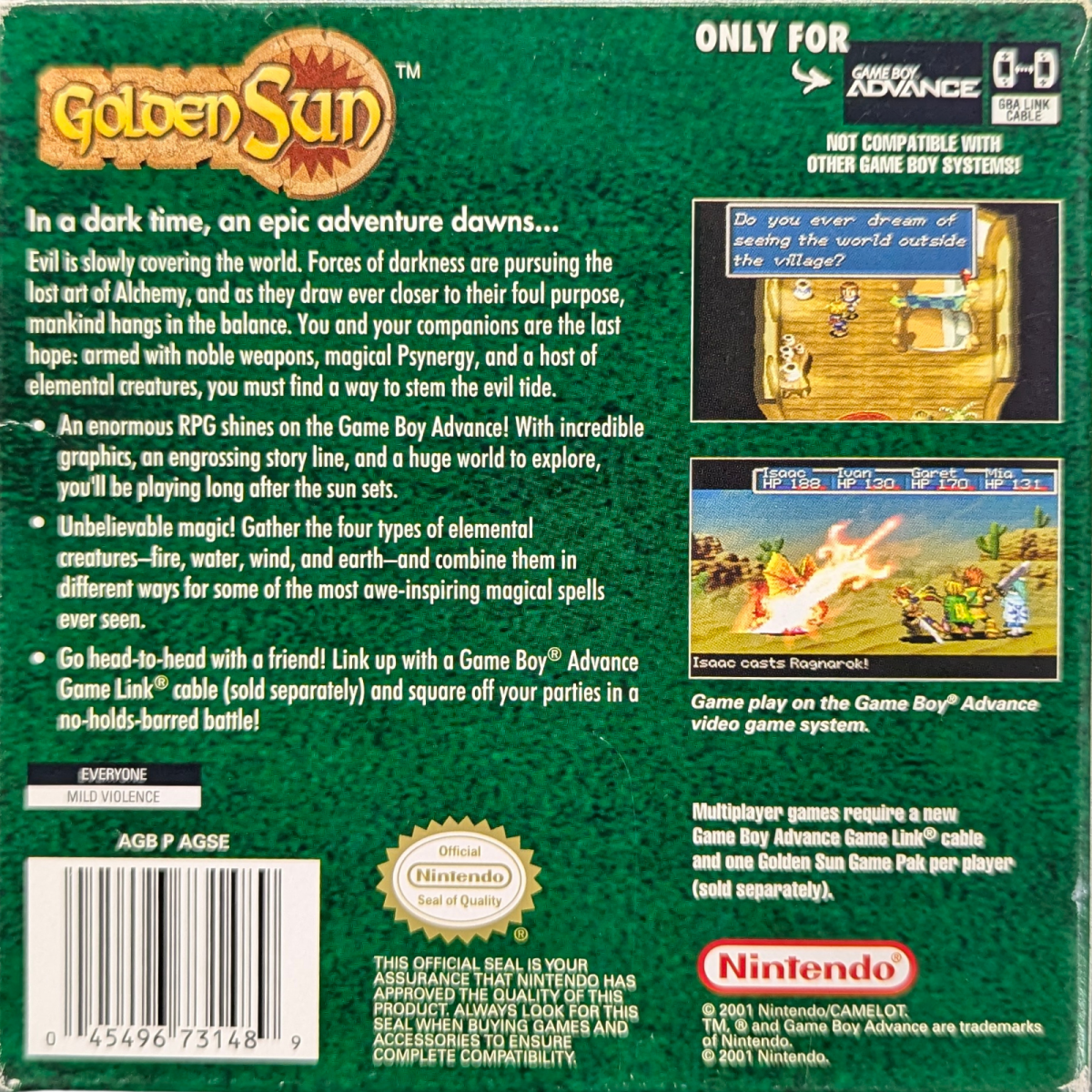 Golden Sun [CIB] for Game Boy Advance (GBA) featuring a classic turn-based RPG where you wield elemental Psynergy to solve puzzles and battle across a richly detailed world; customize your party with Djinn summons and uncover an epic story in this complete-in-box handheld favorite back cover
