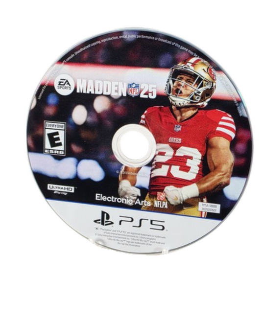 Madden NFL 25 game disc for PlayStation 5 with a player in a red jersey.