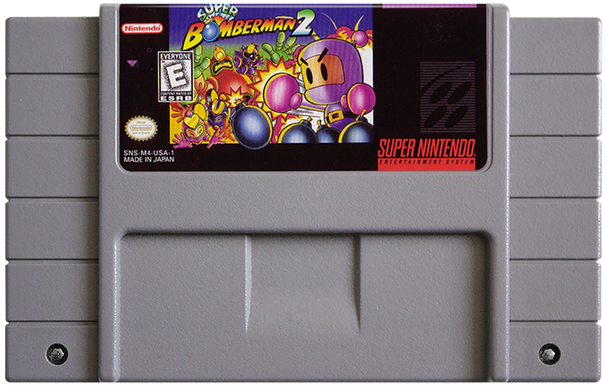 Super Bomberman 2 Super Nintendo SNES action puzzle game multiplayer party game bomb placing maze battles Hudson Soft classic Bomberman series competitive gameplay retro 16 bit gaming Super Nintendo Entertainment System software video game title cartridge 