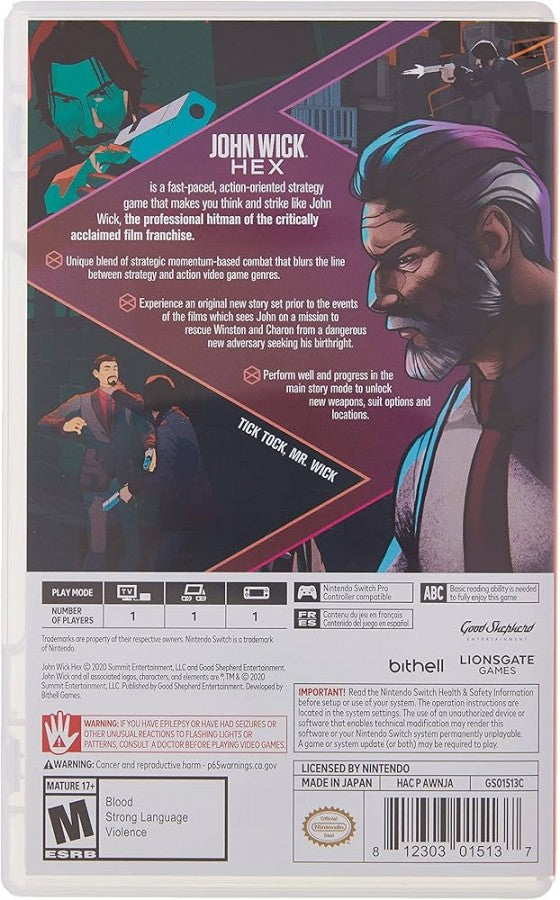 John Wick Hex Nintendo Switch inspired design featuring tactical action strategy gameplay aesthetic fast paced gun fu combat stylish assassin missions time based decision making cinematic neo noir atmosphere intense John Wick inspired presentation back cover