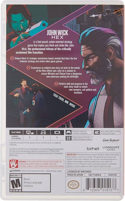 John Wick Hex Nintendo Switch inspired design featuring tactical action strategy gameplay aesthetic fast paced gun fu combat stylish assassin missions time based decision making cinematic neo noir atmosphere intense John Wick inspired presentation back cover