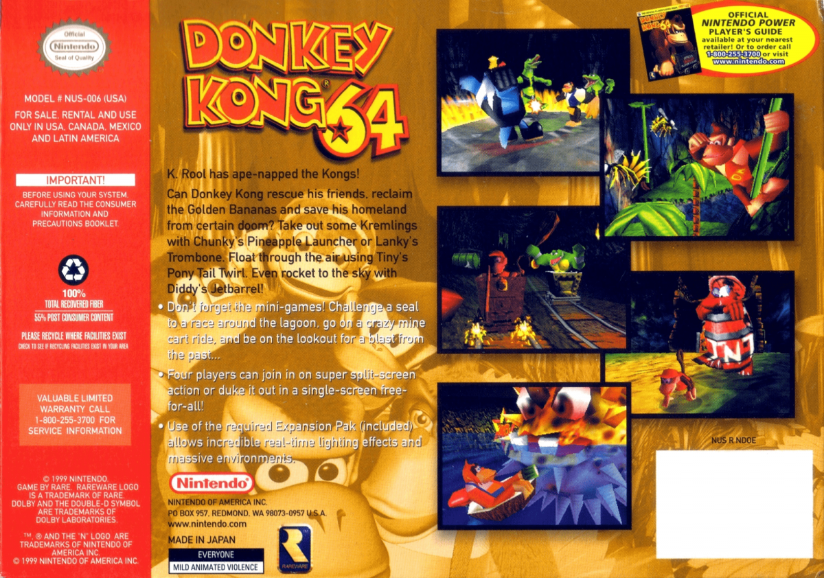 Donkey Kong 64 back cover art for Nintendo 64 (N64) video game
