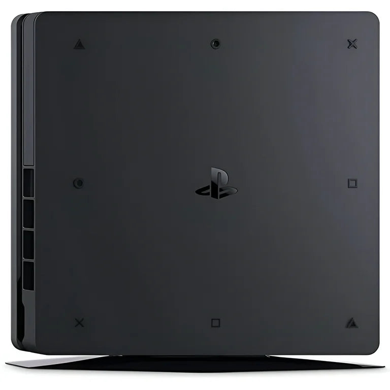 Bottom view of a Sony PS4 Slim console showing screw placements, ventilation grilles, rubber feet, model label, serial number, and ports, highlighting the structural and functional details.