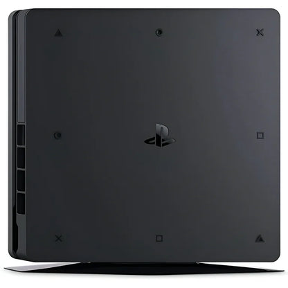 Bottom view of a Sony PS4 Slim console showing screw placements, ventilation grilles, rubber feet, model label, serial number, and ports, highlighting the structural and functional details.