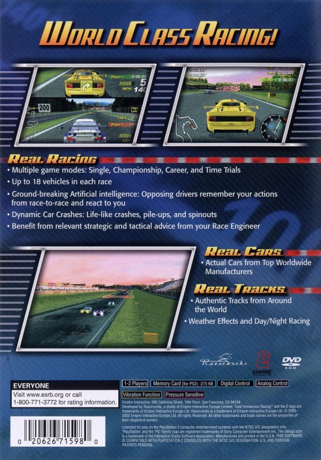 Total Immersion Racing PS2 PlayStation 2 racing simulation game realistic motorsport circuit racing cars career mode retro video game back of case