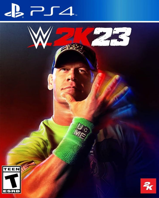 WWE 2K23 PlayStation 4 PS4 sports entertainment wrestling simulation video game 2K Sports Showcase mode John Cena career highlight WarGames match type MyRISE story mode MyFACTION card collecting MyGM Universe mode creation suite updated roster WWE Superstars and Legends front cover