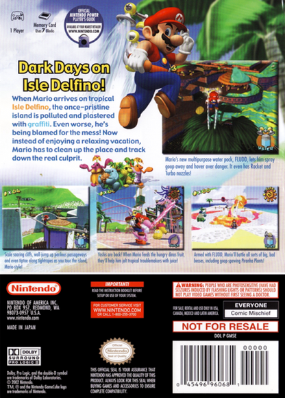 Super Mario Sunshine [Player's Choice] back of case for Nintendo GameCube (GC) 3D platforming adventure video game