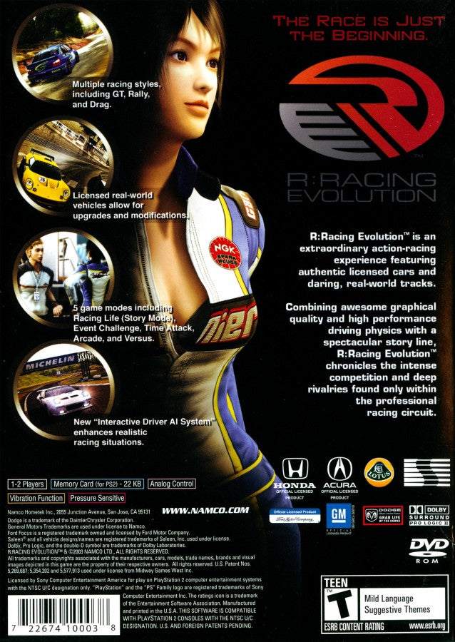 R: Racing Evolution – PlayStation 2 (PS2) video game back of case, arcade-style racing simulation game.