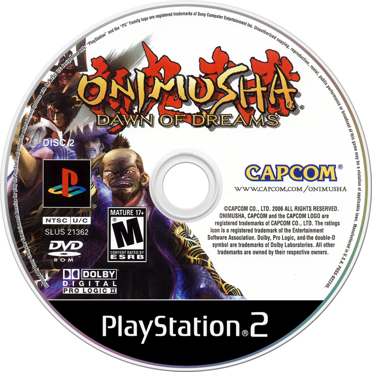 Onimusha: Dawn of Dreams for the PlayStation 2 featuring action adventure gameplay with samurai combat demon slaying abilities cinematic storytelling and feudal Japan inspired environments disc 1