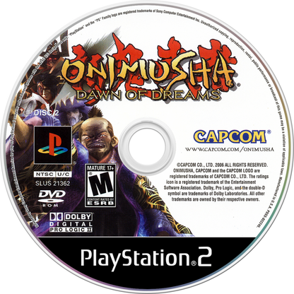 Onimusha: Dawn of Dreams for the PlayStation 2 featuring action adventure gameplay with samurai combat demon slaying abilities cinematic storytelling and feudal Japan inspired environments disc 1