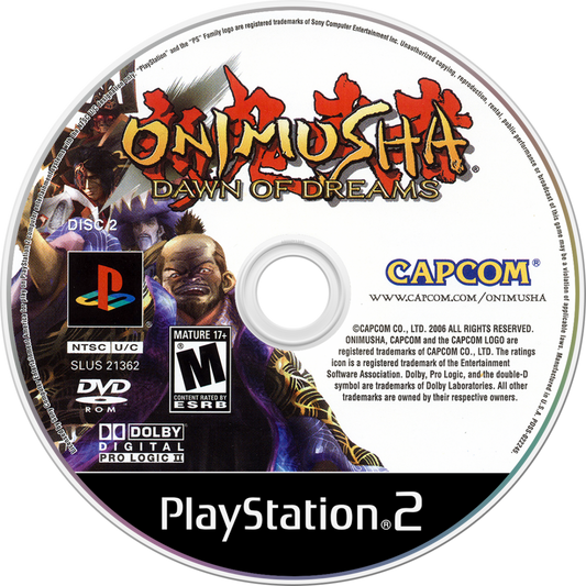 Onimusha: Dawn of Dreams for the PlayStation 2 featuring action adventure gameplay with samurai combat demon slaying abilities cinematic storytelling and feudal Japan inspired environments disc 1