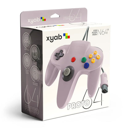 PROTO64 Wired Controller for Nintendo 64 N64 Gray inspired design featuring retro gaming accessory aesthetic classic trident controller layout ergonomic grip responsive analog stick nostalgic Nintendo 64 hardware compatible gaming peripheral presentation box 
