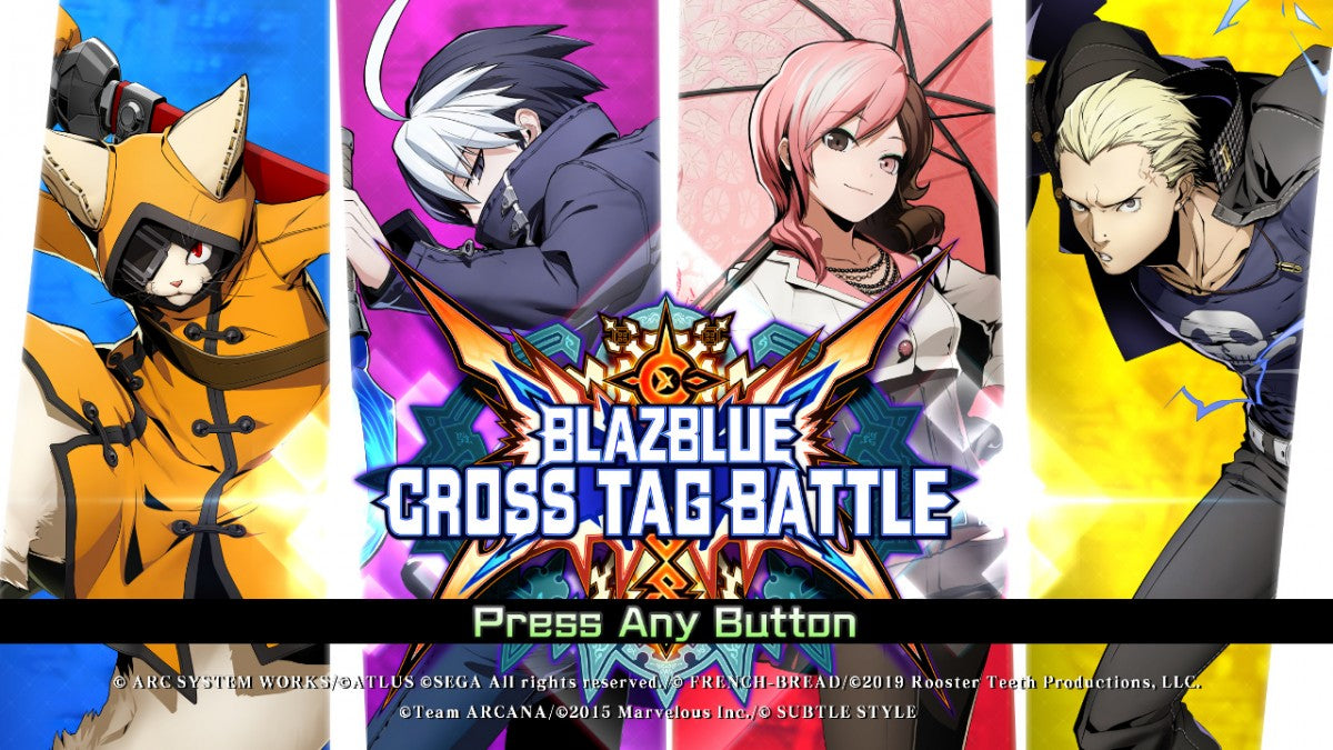 Blazblue Cross Tag Battle title screen for Nintendo Switch (NS) fighting video game. 