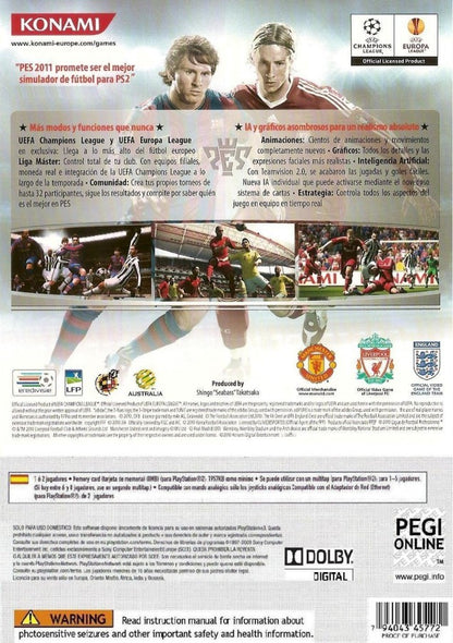 Pro Evolution Soccer 2011 PlayStation 2 PS2 for retro video game enthusiasts featuring realistic soccer simulation gameplay authentic team management tactical formations competitive multiplayer matches skill based controls international football action and collectible gaming appeal back cover art