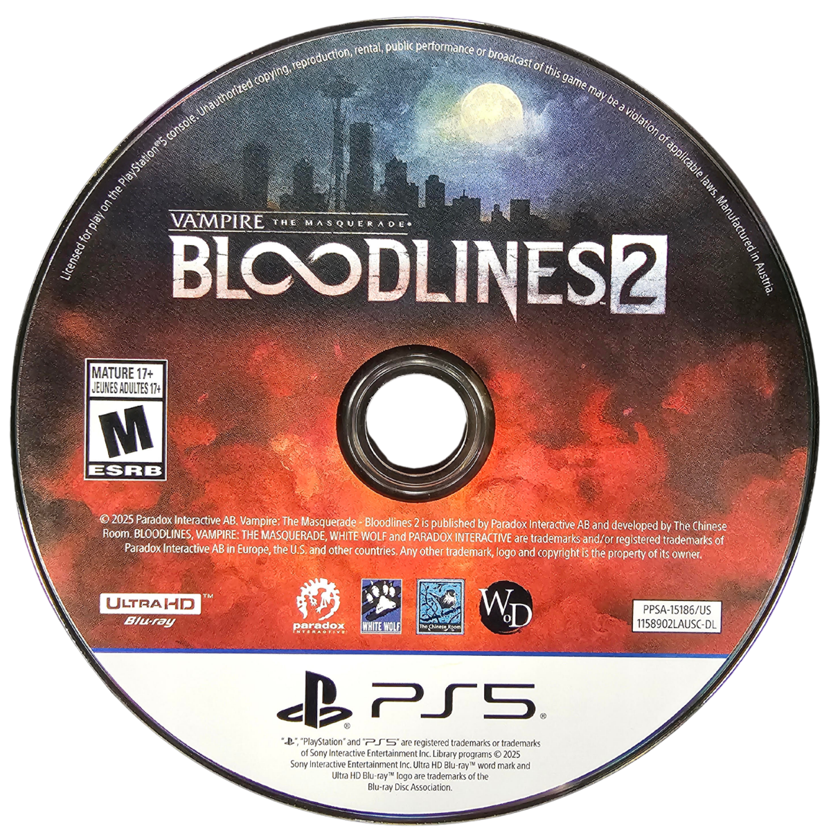 Vampire The Masquerade Bloodlines 2 PlayStation 5 PS5 for action role playing video game fans featuring vampire abilities dark gothic environments Seattle exploration character customization branching choices faction conflicts supernatural combat immersive storytelling and atmospheric vampire adventure collectible gaming appeal game disc
