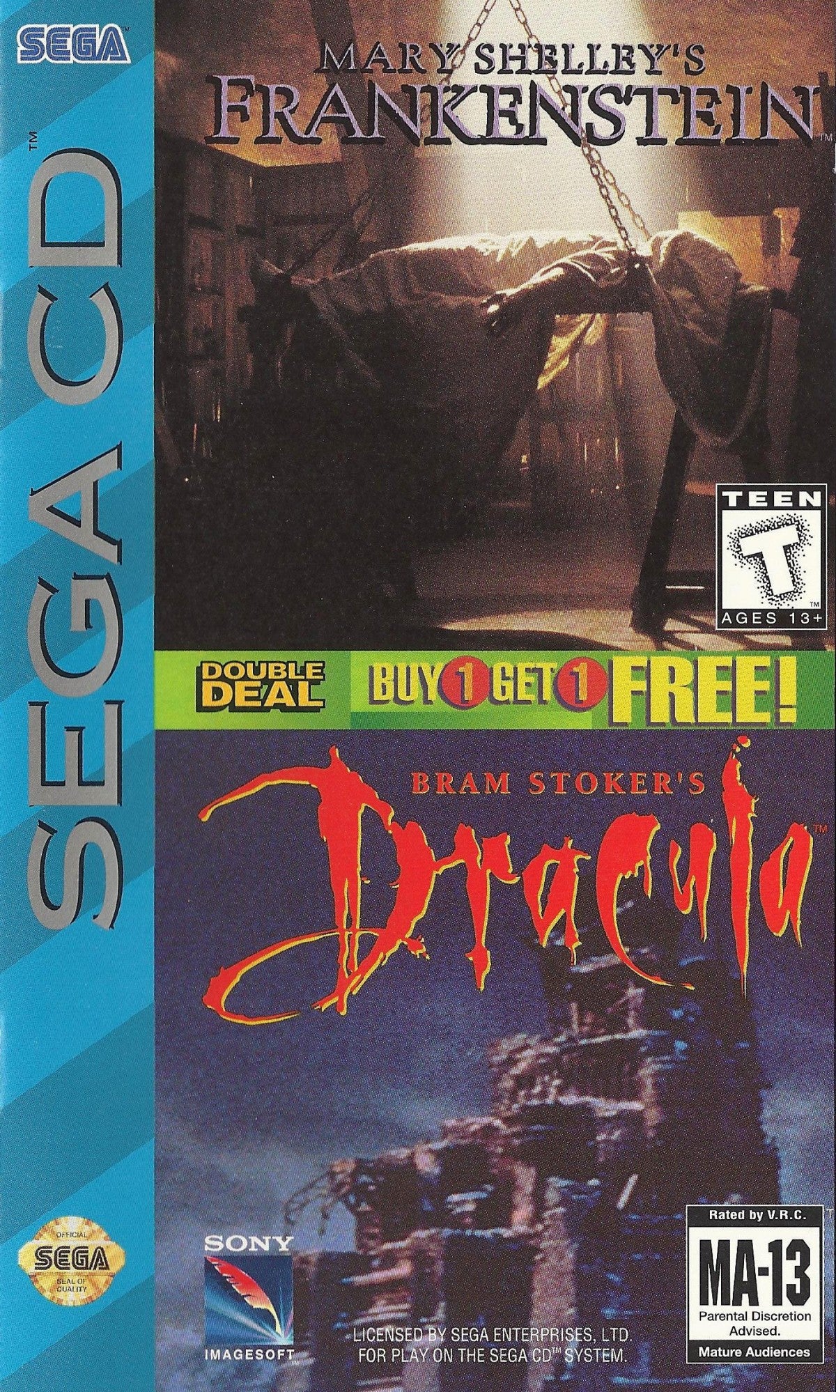 Mary Shelley’s Frankenstein and Bram Stoker’s Dracula Sega CD dual movie tie in collection interactive cinematic FMV adventure games gothic horror storytelling puzzle solving platforming action based on classic literature and film adaptations retro gaming Sega CD software video game title cover art