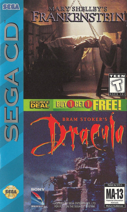Mary Shelley’s Frankenstein and Bram Stoker’s Dracula Sega CD dual movie tie in collection interactive cinematic FMV adventure games gothic horror storytelling puzzle solving platforming action based on classic literature and film adaptations retro gaming Sega CD software video game title cover art