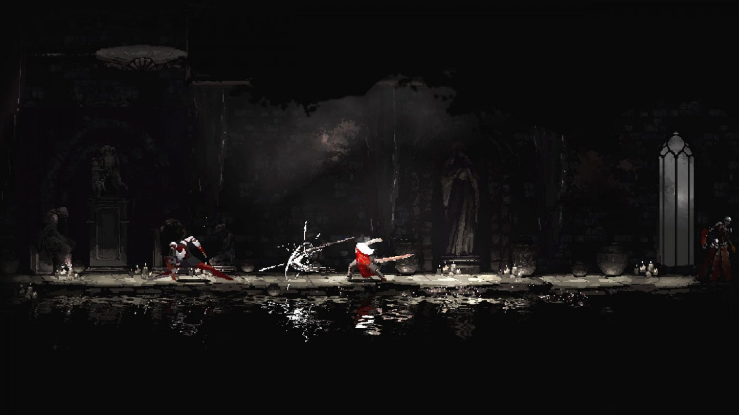 Moonscars Nintendo Switch inspired design featuring dark fantasy action platformer aesthetic gothic pixel art visuals brutal combat mysterious alchemical world atmospheric exploration challenging boss battles haunting metroidvania gameplay presentation gameplay