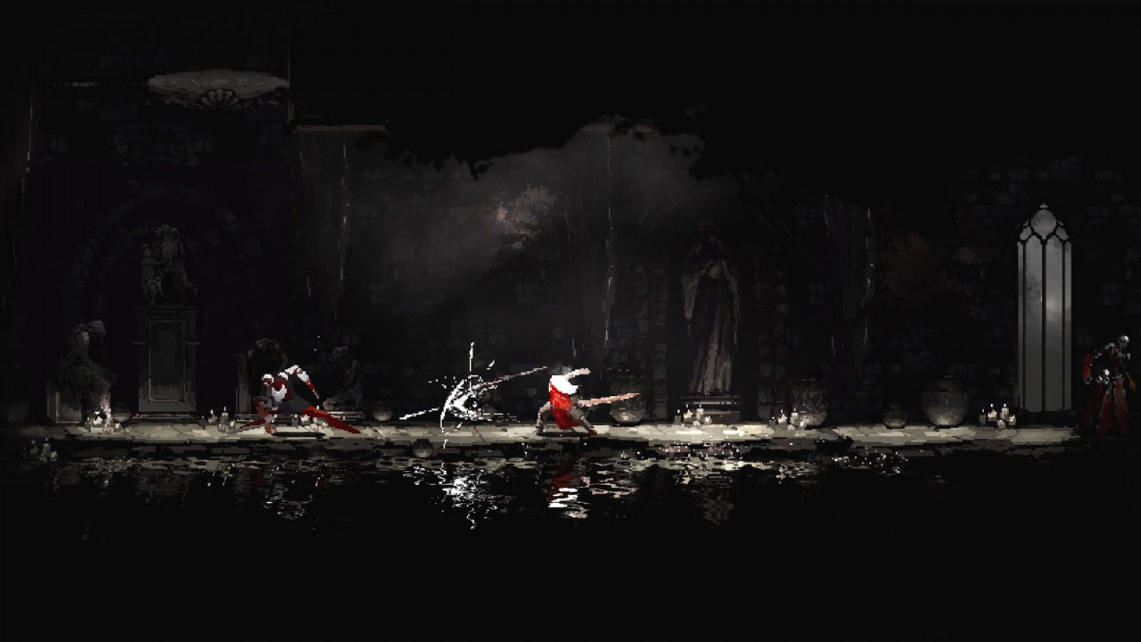 Moonscars Nintendo Switch inspired design featuring dark fantasy action platformer aesthetic gothic pixel art visuals brutal combat mysterious alchemical world atmospheric exploration challenging boss battles haunting metroidvania gameplay presentation gameplay